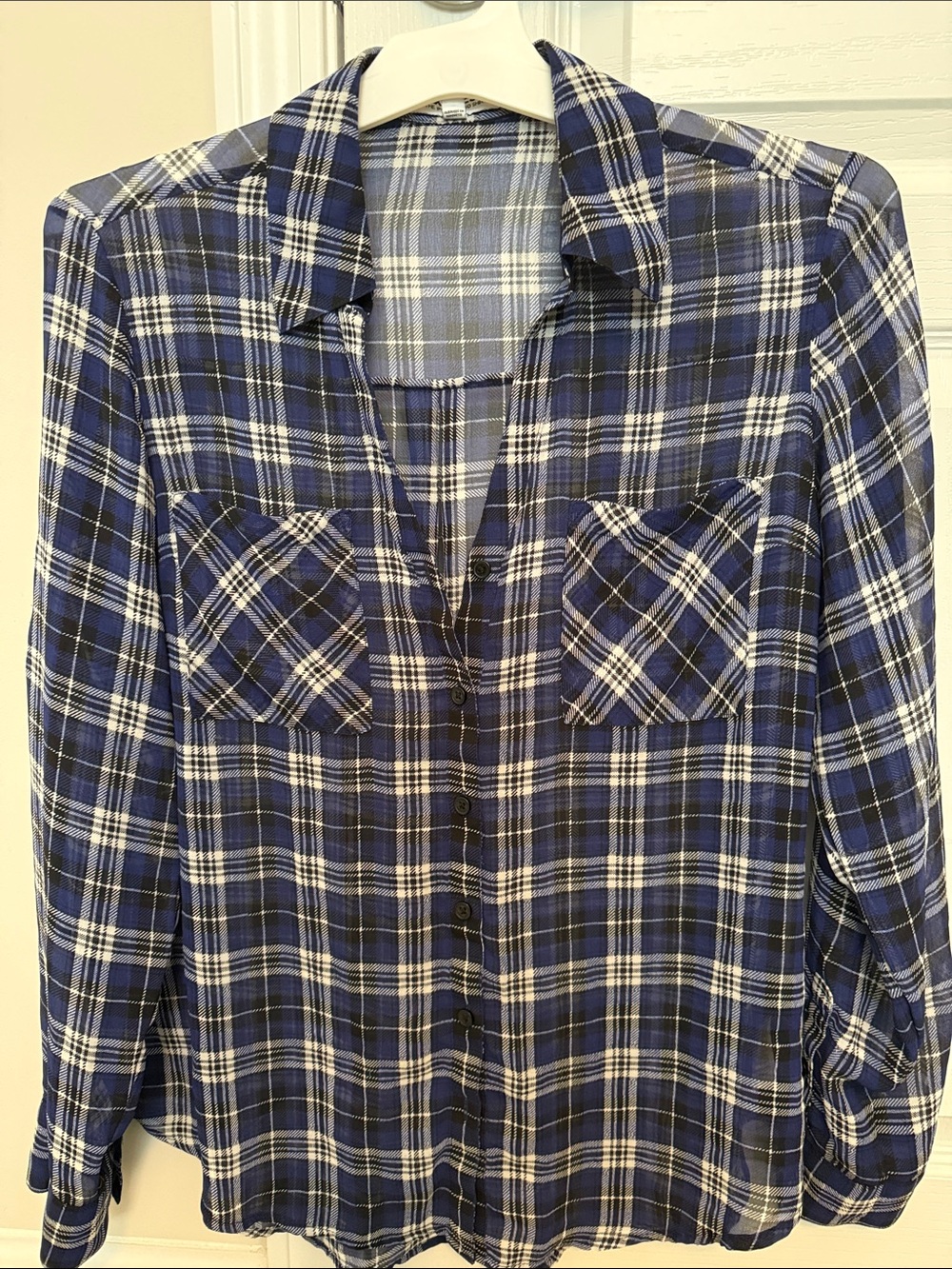 Express Blue and White Plaid Button-Down Shirt